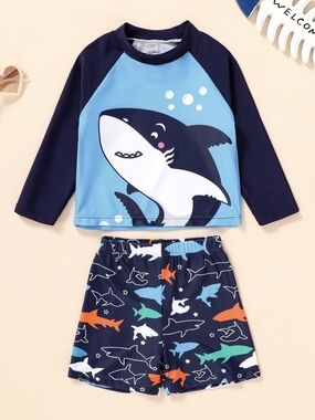 Kids Navy & Sky Blue Shark Rash Guard Swim Set